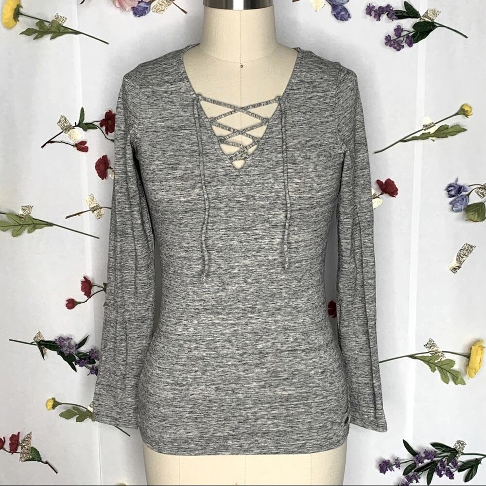 Hollister Heathered Grey Lace Neck Long Sleeve Tee